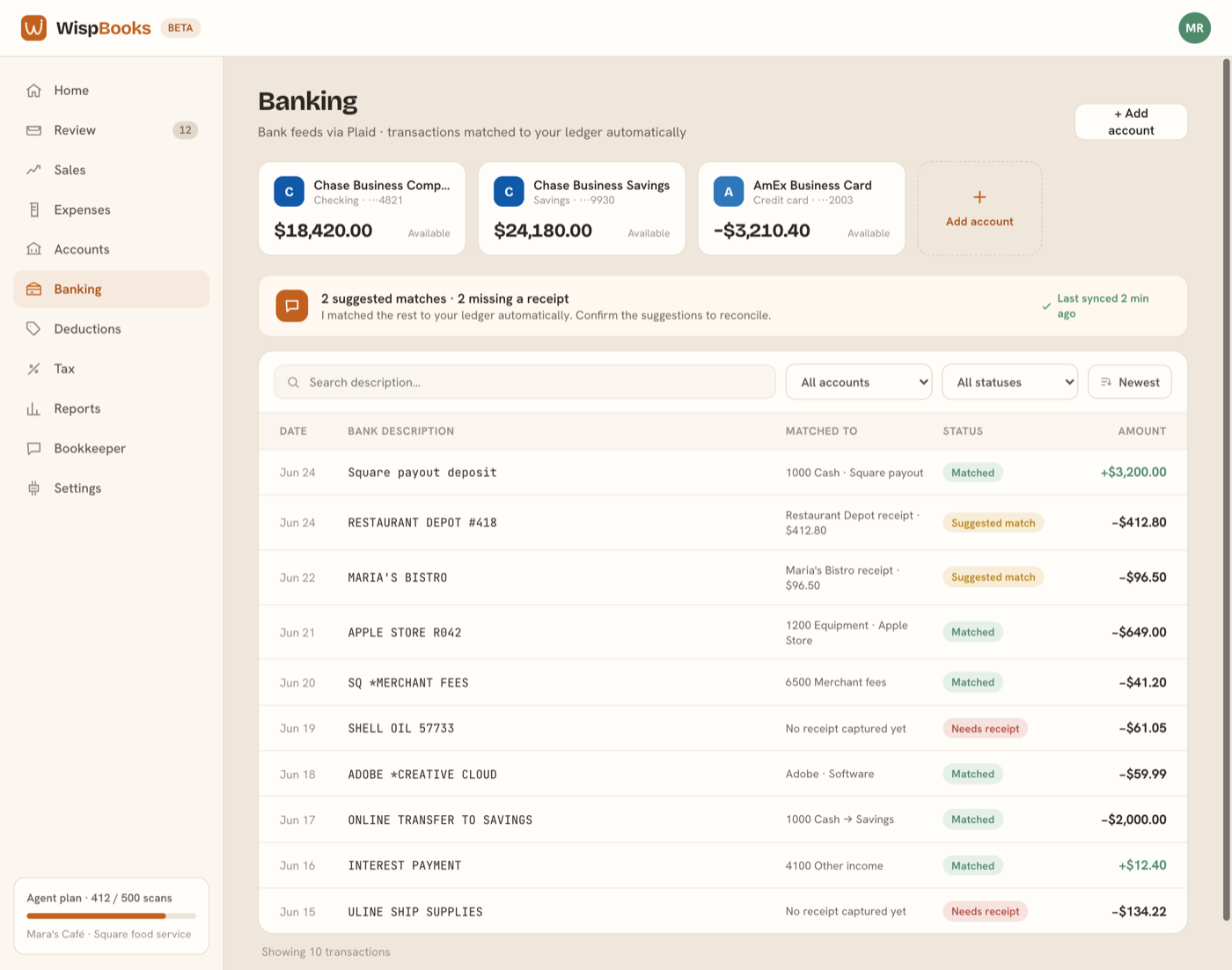 The banking screen with linked accounts and bank transactions matched against the ledger.