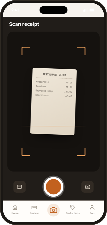The WispBooks iOS app framing a receipt on the scan screen.